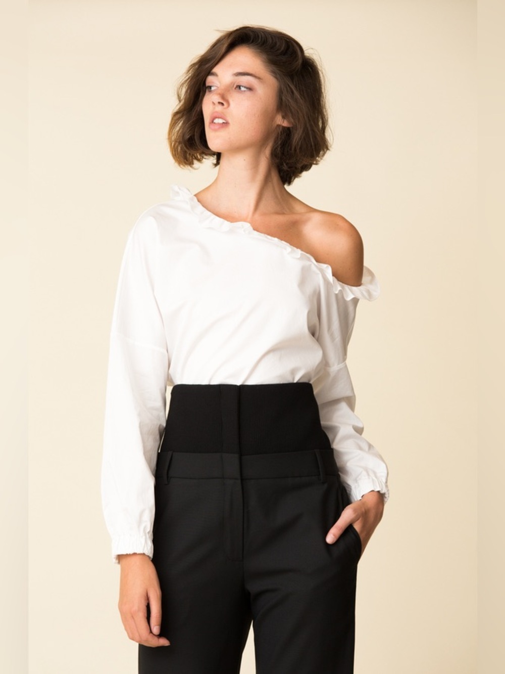Tibi Asymmetrical One-Shoulder Poplin Blouse | White Ruffle Cotton Top | Modern